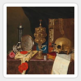 Vanitas Still Life with Vessels, Books, Documents and a Skull by Circle of Edwaert Collier Magnet